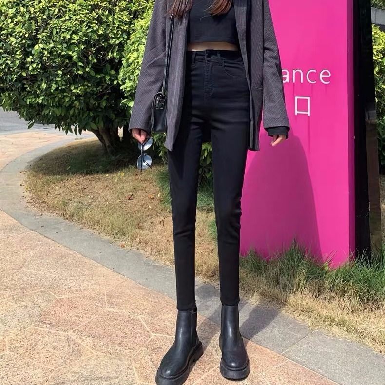 Estilo coreano chique cintura alta magro lápis jeans para mulheres streetwear magro lápis calças de brim das senhoras calças de brim longo denim trouders