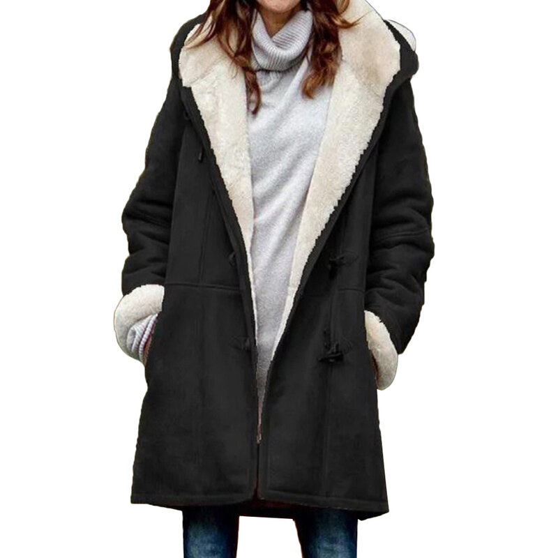 Casual feminino inverno cor sólida chifre fivelas forro de lã longo quente casaco com capuz