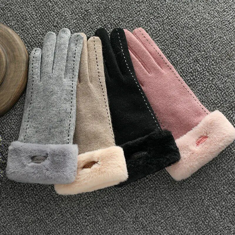 女性の冬のウールカシミヤタッチスクリーン保温手袋高品質厚みエレガントキュートラブリー女性ぬいぐるみ手首手袋