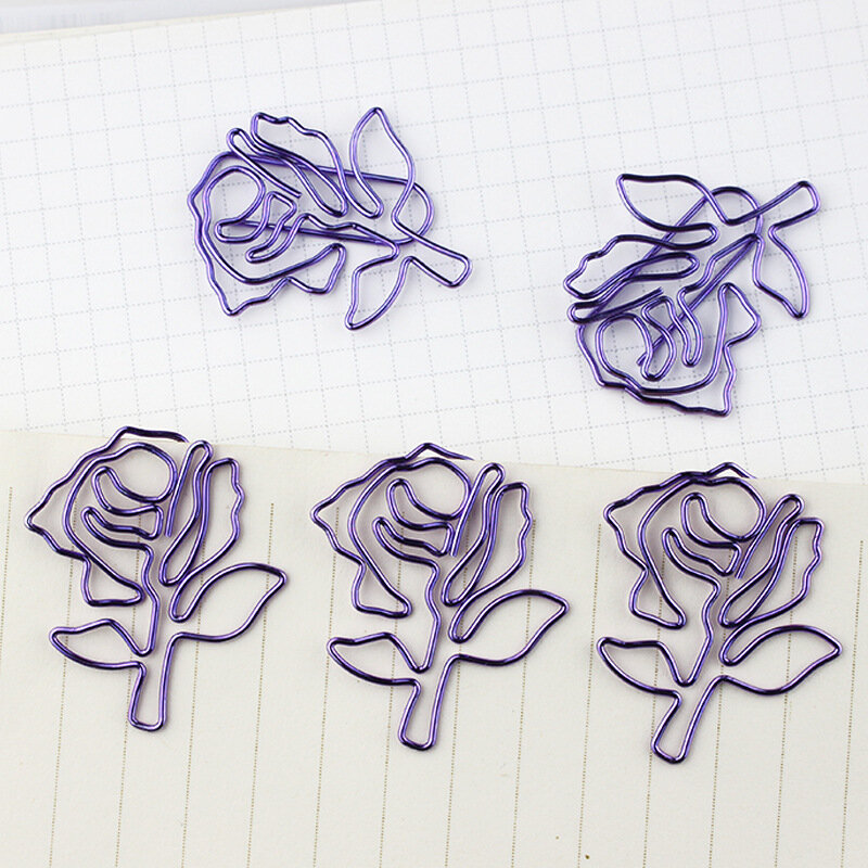 新8ピース/箱紫のバラの花形状モデリングブックマーク紙金属メッキ紫紙クリップ学校の事務用品