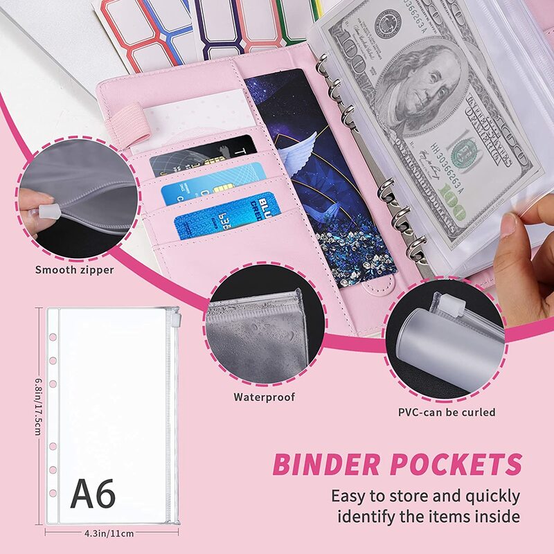 26Pcs A6 Budget Binder Cash Envelopes for Money Saving Organizer with Zipper Pockets, Budget Sheets and Self-adhesive Labels