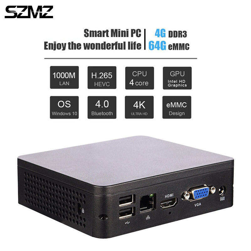 SZMZ TV Box 4G 64G Windows 10 Atom x5-Z8350 4K 3D Mini PC Gamer Ordinateur 1000M LAN Bluetooth 4.0 2.4G 5.8G Miracast Décodeur