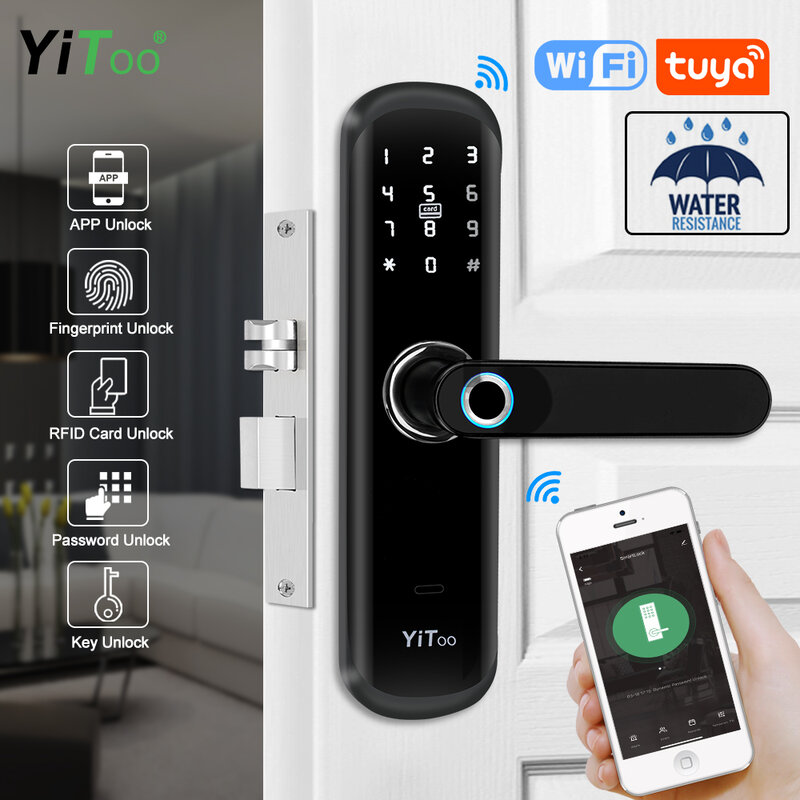 YiToo S3 WIFI ลายนิ้วมือล็อคกันน้ำ Biometric สมาร์ทประตูล็อค Tuya APP ระยะไกล/Rfid/รหัสผ่าน/key ปลดล็อค