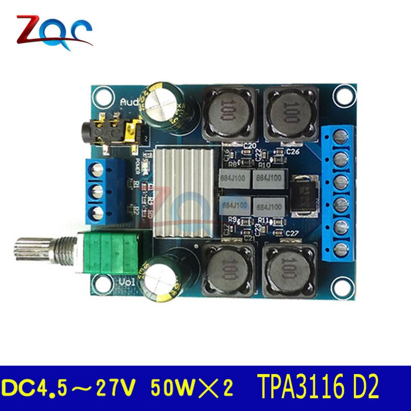 Module amplificateur TPA3116 D2 à double canal 50Wx2 à haute efficacité, alimentation numérique DC 4.5-27V, carte d'amplification stéréo à 2 canaux