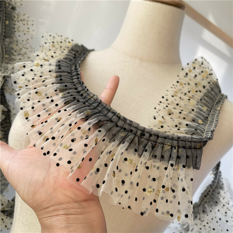 Tela de encaje plisada de doble capa con puntos pequeños, ramillete de cuello DIY, mangas esponjosas, falda de recorte, decoración de costura, 2022