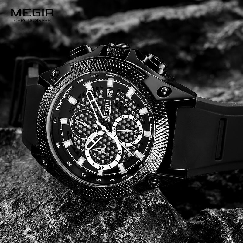 ساعات السباق الرجالية الرياضية الفاخرة MEGIR GT ، ساعة اليد المصنوعة من السيليكون ، الجيش ، الكوارتز ، أزياء الرجال ، MN2127G