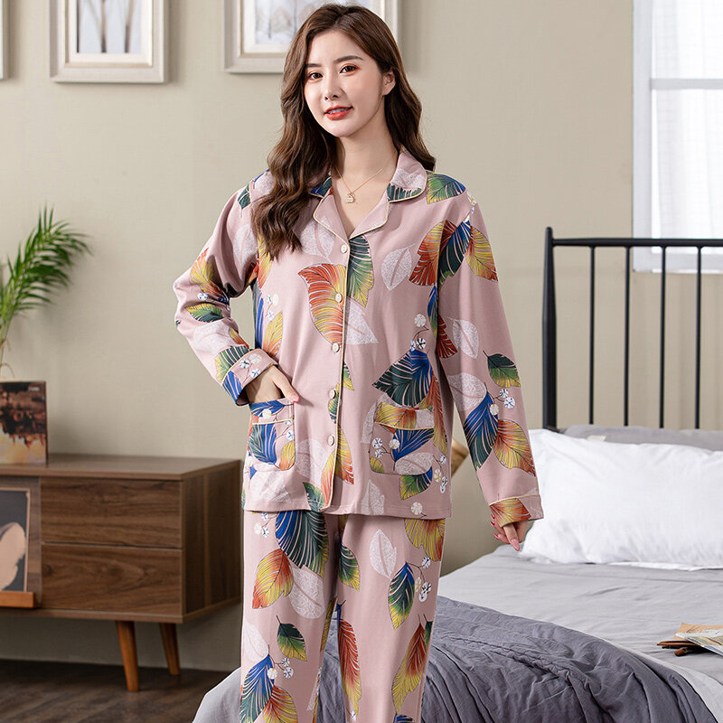 Women's Leaf Pattern Two-piece Home Suit For Spring And Autumn Long-sleeve Pure Cotton Pants Pajamas Women Cardigan Sleepwear