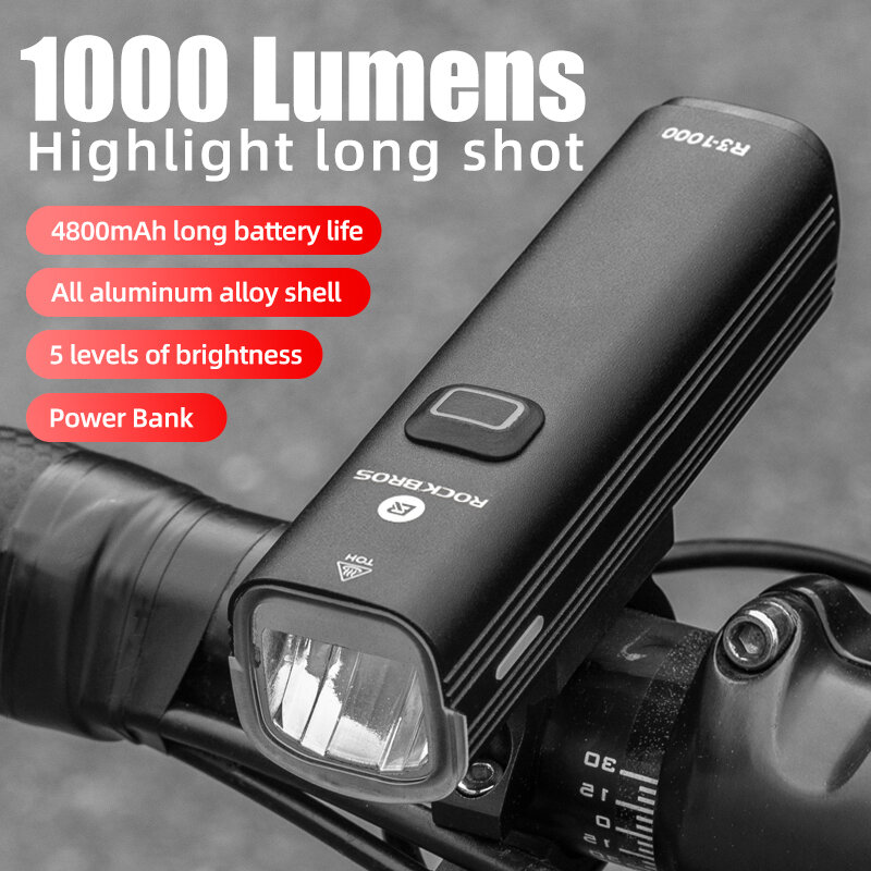 ROCKBROS-Lumière de vélo à LED 1000 lumens, chargement USB, lampe de sauna de vélo, lumière de sauna avant, lanterne de cyclisme, accessoires de lampe d'équitation de sécurité