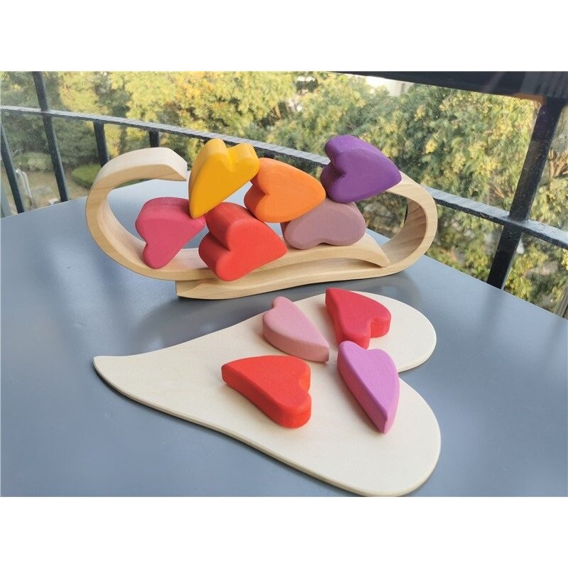 10 pçs crianças brinquedos de madeira basswood/faia arco-íris coração empilhamento com bandeja de madeira pastel blocos de construção aprendizagem precoce