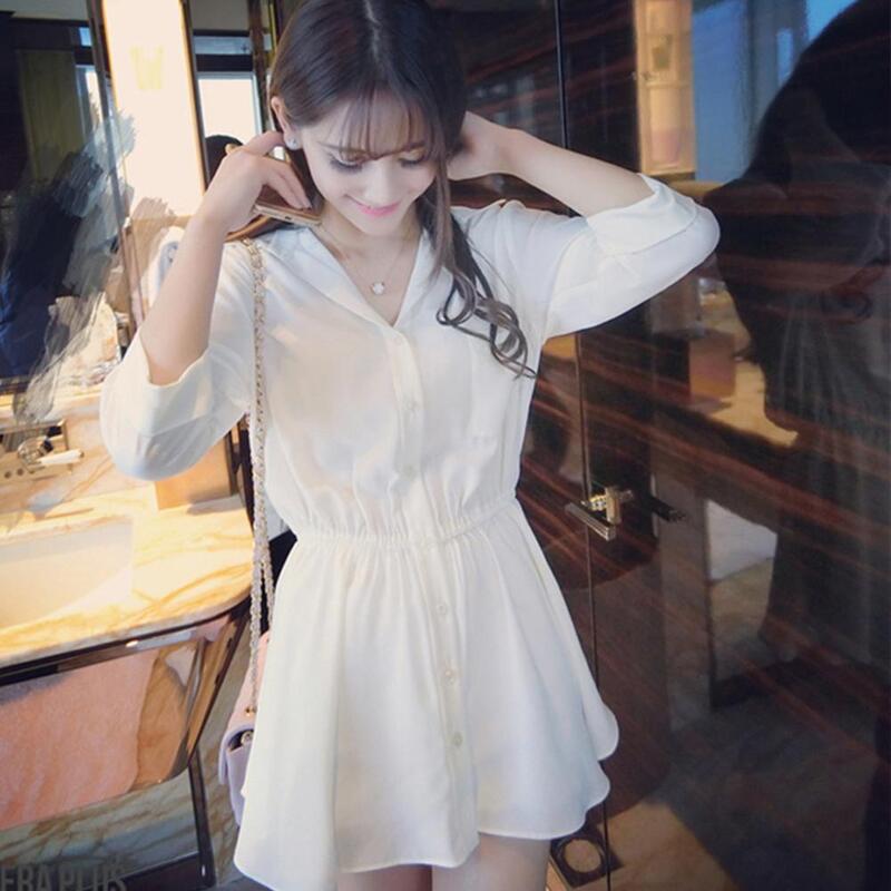 女性用シルクシフォンミニスカート,白いvネックドレス,ハイウエスト,長袖