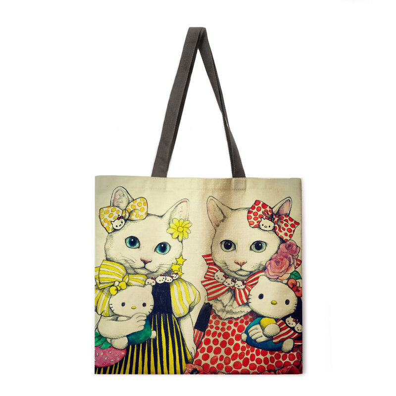 Nova ilustração japonesa gato impressão bolsa de ombro senhora grande bolsa senhora lazer compras bolsa ao ar livre