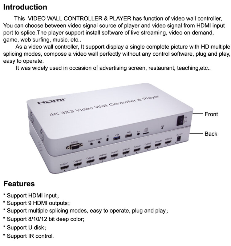 4K 3x3 HDMI kontroler ściany wideo karta SD USB odtwarzacz RS232 procesor wideo Splicer 2x2 2x3 2x4 1x4 4x2 wsparcie kaskada 3x4 4x4