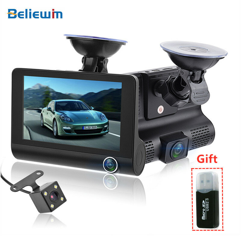Beliewim 4.0 Cal wideorejestrator samochodowy Full HD 1080P 3 kamery obiektyw kamera samochodowa noktowizor wideorejestrator Auto kamera samochodowa szeroki kąt