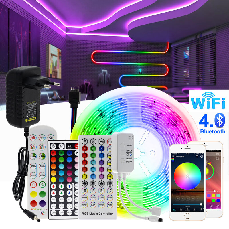 RGB LED 스트립 조명, 5050, 2835 플렉서블 LED 조명 스트립, 10M, 15M, 20M, 12V, RGB LED 테이프 세트, 와이파이, 블루투스 음악 컨트롤러