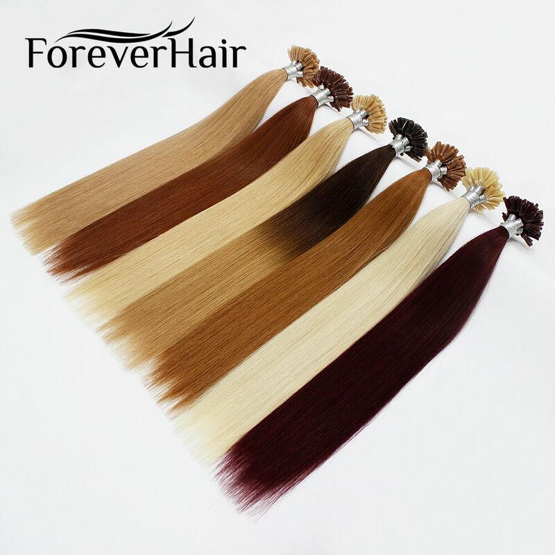 FOREVER HAIR-extensiones de cabello humano Remy para salón profesional, cabello liso y sedoso, con forma de U/i-tip, de colores