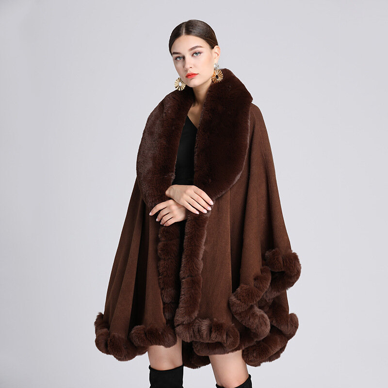 V Lapel Faux พู่ขนกระต่าย Coat Cape ผู้หญิงฤดูหนาวขนาดใหญ่ยาวผ้าคลุมไหล่ Full Trim ขนสัตว์ถักเสื้อคลุม Overcoat Parka 2023ใหม่
