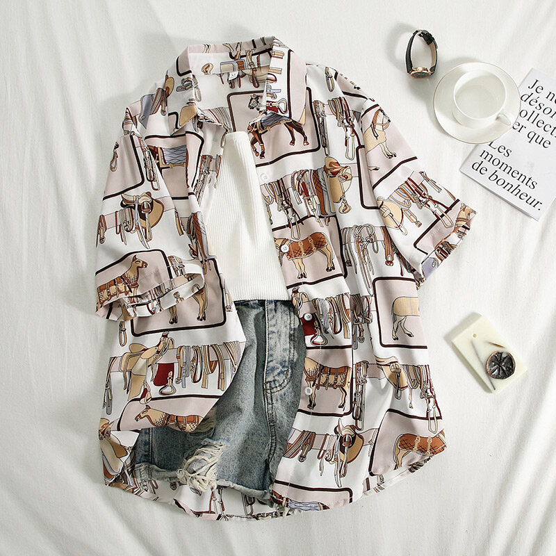 레트로 반팔 여성 블라우스 작업 사무용 셔츠 캐주얼 탑스 숙녀 집 인쇄 대형 셔츠 여름 여성 패션 의류