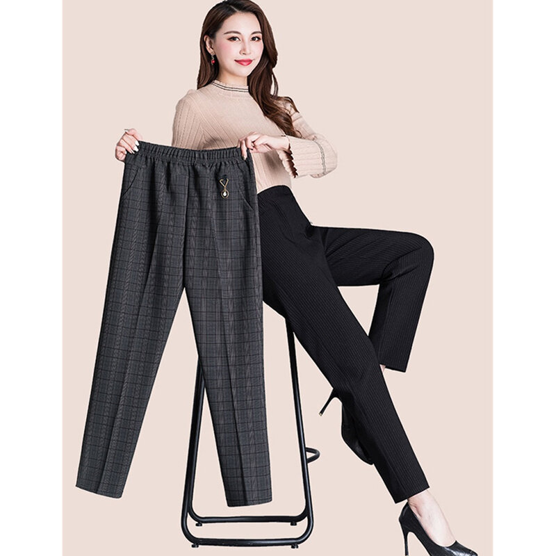 Pantalones XL-8XL de gran tamaño para mujer, pantalón informal de cintura alta elástica, de felpa, recto, para madres, Otoño e Invierno