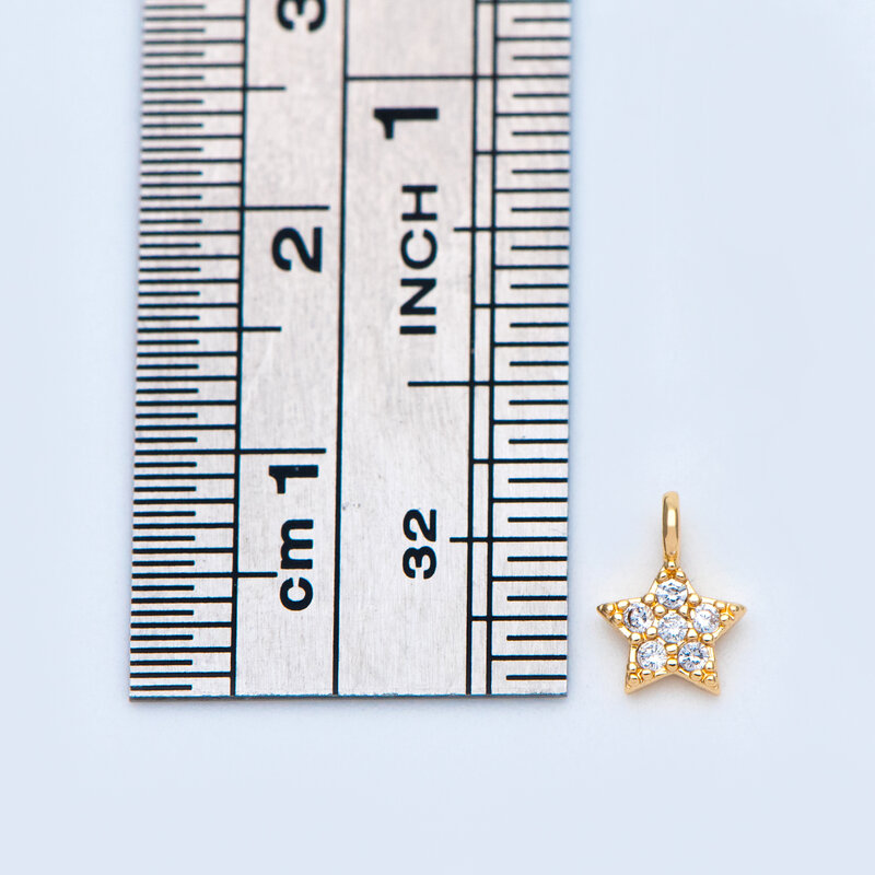 Ciondoli con ciondoli a stella pavimentati CZ da 10 pezzi 8x6mm, ottone placcato oro reale, colore non facilmente appannante (GB-881)