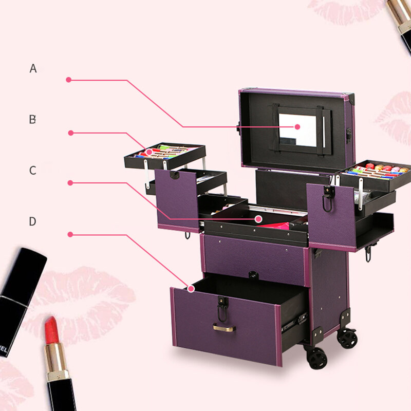 Nagel Tattoo Trolley Kosmetik tasche Koffer für Make-up Fall mit Rädern Frauen mehr schicht ige große Kapazität Beauty-Gepäck box