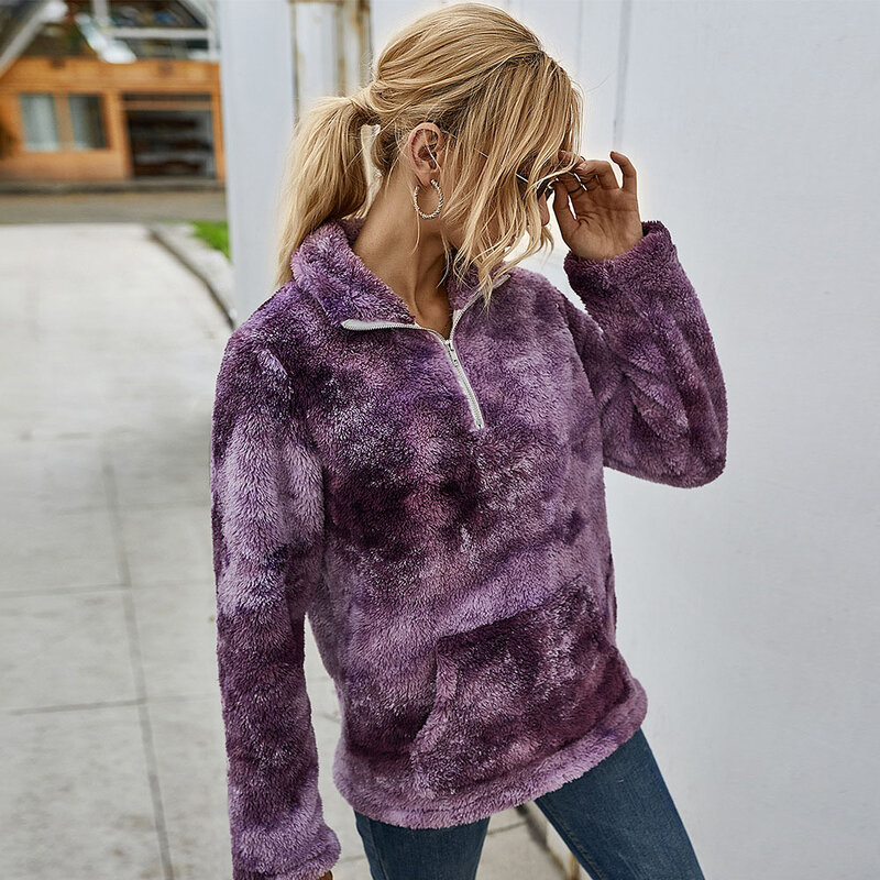 Diiwii Casual Thick Sweater Tie-Dye Printing Zipper Lapel Warm Pullover Autumn Winter Street Long-Sleeved Plush Tops