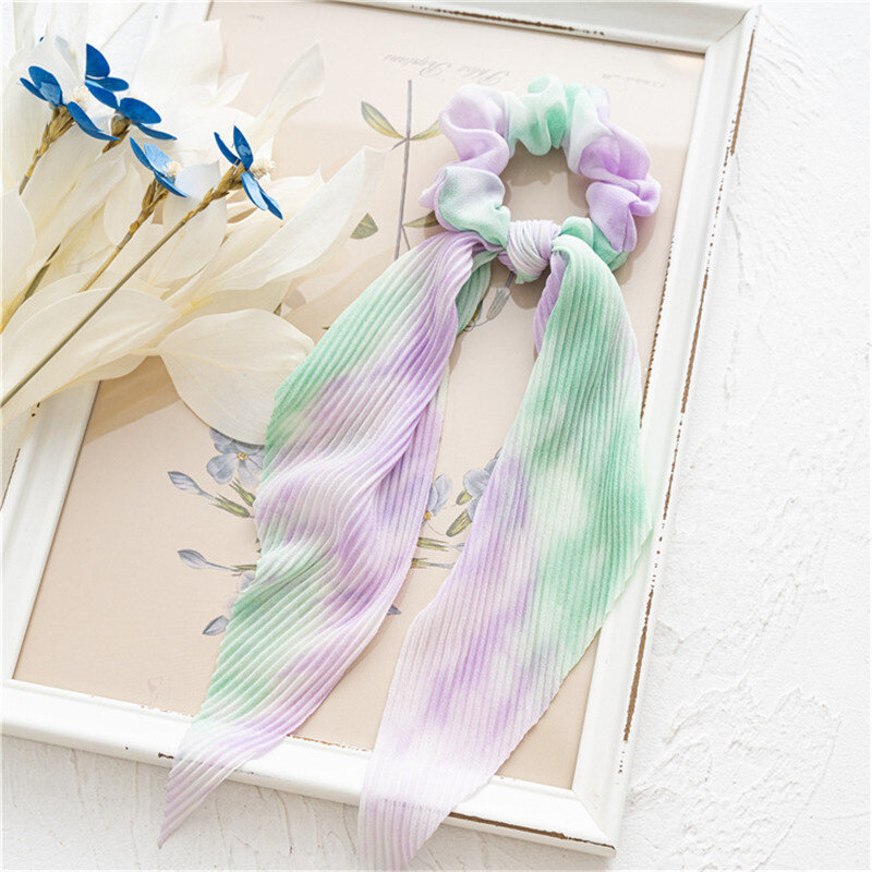 Chiffon haar sjaal voor vrouwen mode tie dye folds lange lint elastische haarband paardenstaart houder scrunchie meisje haaraccessoires