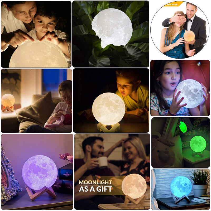 月の形をした3D LEDランプ,携帯電話やクリスマスプレゼントに最適なUSB充電式ライト