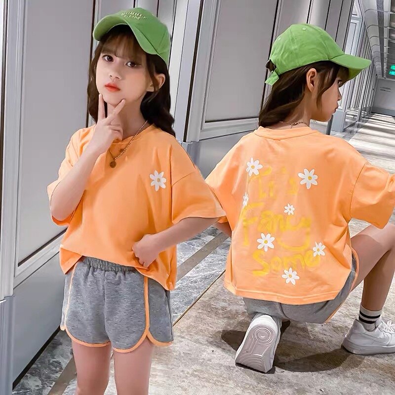 Lato 2021 dziewczynek odzież ustawia dzieci dziewczyna ubrania krotka bluza + spodnie moda stroje dziecięce garnitury 5 7 9 10 12 lat