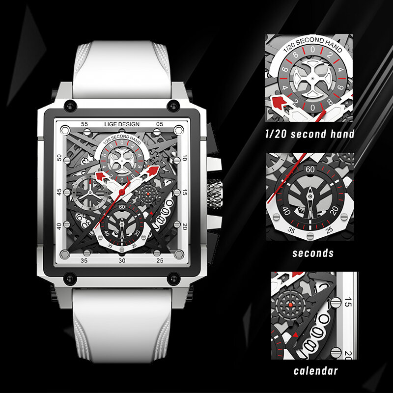 Часы наручные LIGE мужские с хронографом, спортивные армейские кварцевые с квадратным силиконовым ремешком, с секундомером, 2023