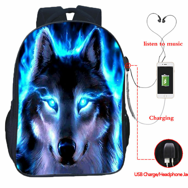 Mochilas – sac à dos loup pour garçons et filles, avec chargeur USB, pour adolescents et étudiants