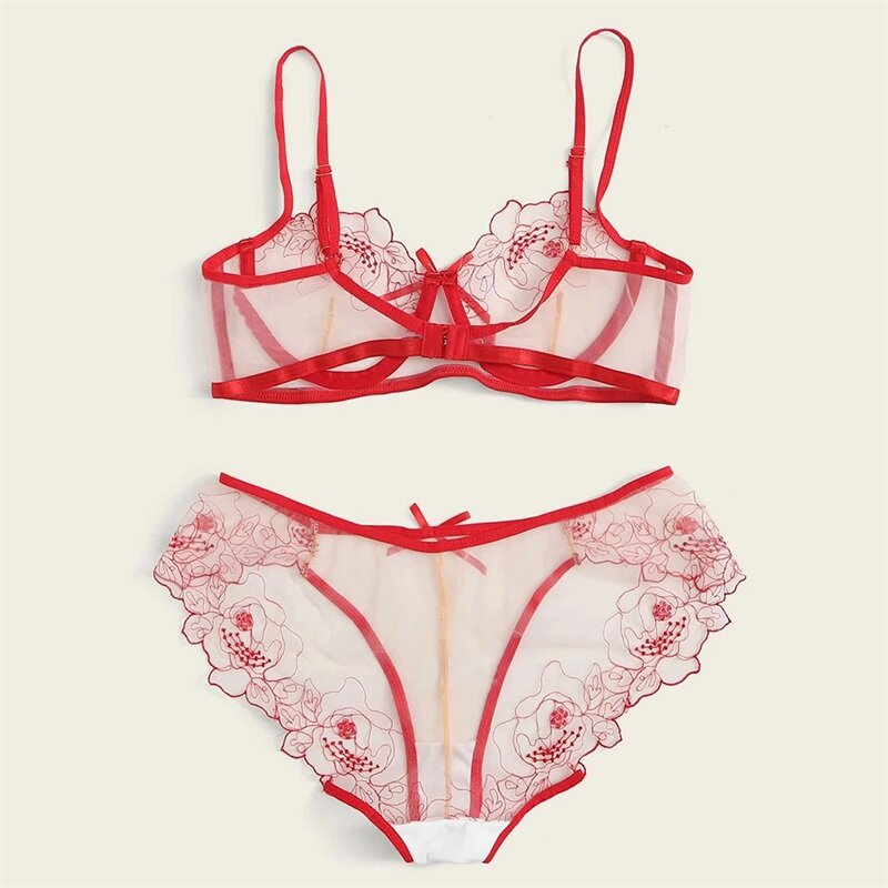 New Ladies lace Flowers Embroidered  Underwear Set Mesh See-Through Erotic Sexy Lingerie Summer Thin Underwire Gather Bra Suit