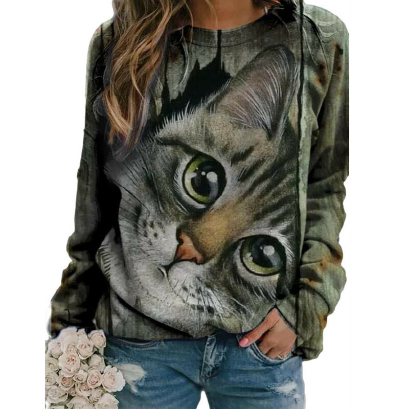 Camicette da donna top moda o-collo manica lunga divertente simpatico gatto stampa 3d pullover Casual camicie abbigliamento donna primavera moda top