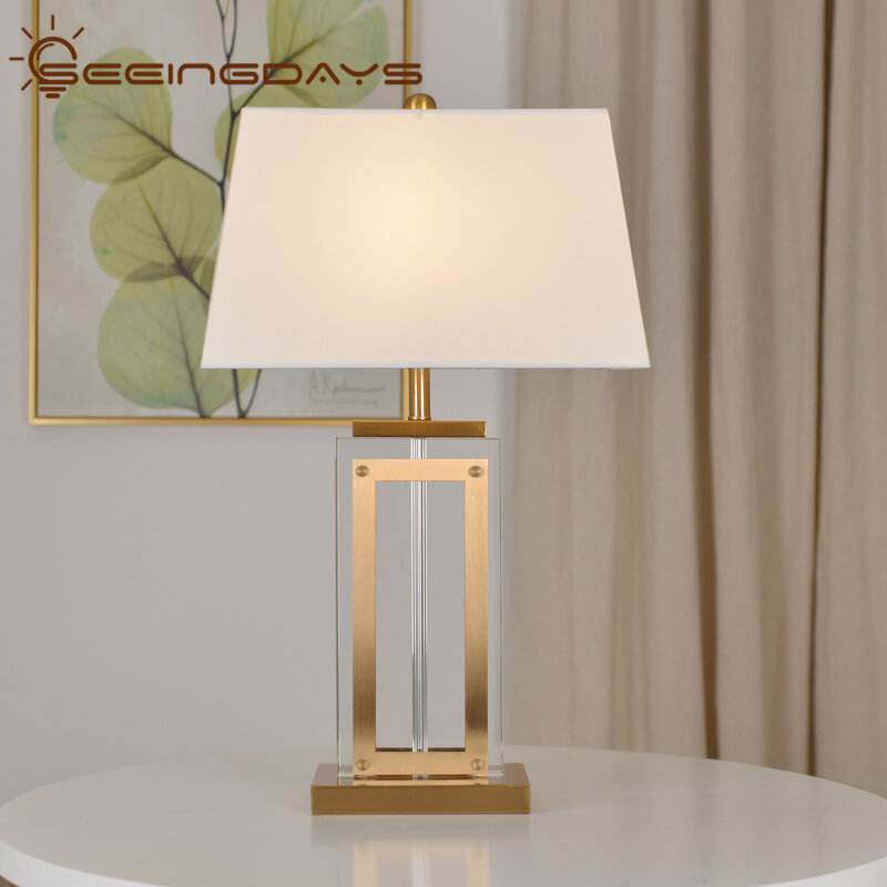 Postmodernistyczne nowy chiński styl prosta kryształowa lampa stołowa Fashion Square lampka nocna do sypialni luksusowy salon Home Decor 220v