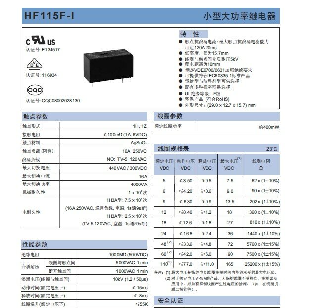 Hf115f-i-T Jqx-115f-012-1zs3a 12VDC 8-Pin Relais