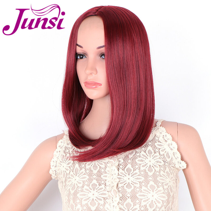 Peluca sintética roja JUNSI de 16 pulgadas para mujer, peluca recta de pelo de longitud media, peluca de pelo Bobo
