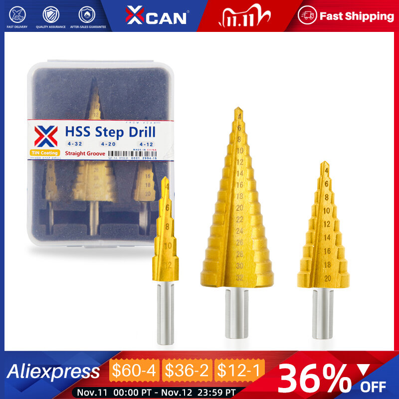 XCAN HSS Step Drill Bits 3PCS 4-12/20/32mm TiN Coating Core Drill Bit Round Shank Step Cone Hole Cutter Metal Drill Bit