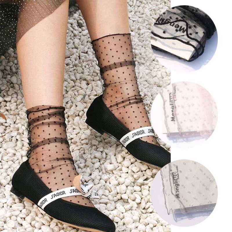 แฟชั่นDotลูกไม้ถุงเท้าผู้หญิงโปร่งใสตาข่ายถุงเท้าข้อเท้าสุภาพสตรีUltra-บางเจ้าหญิงTulleถุงเท้าหญิงMeias