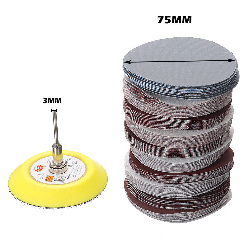 100Pcs 3inch 75mm Sanding Disc Round Abrasive Dry Sandpaper with 1Pcs Back-up Pad For Sanding Disc Polish Cleaner Tools