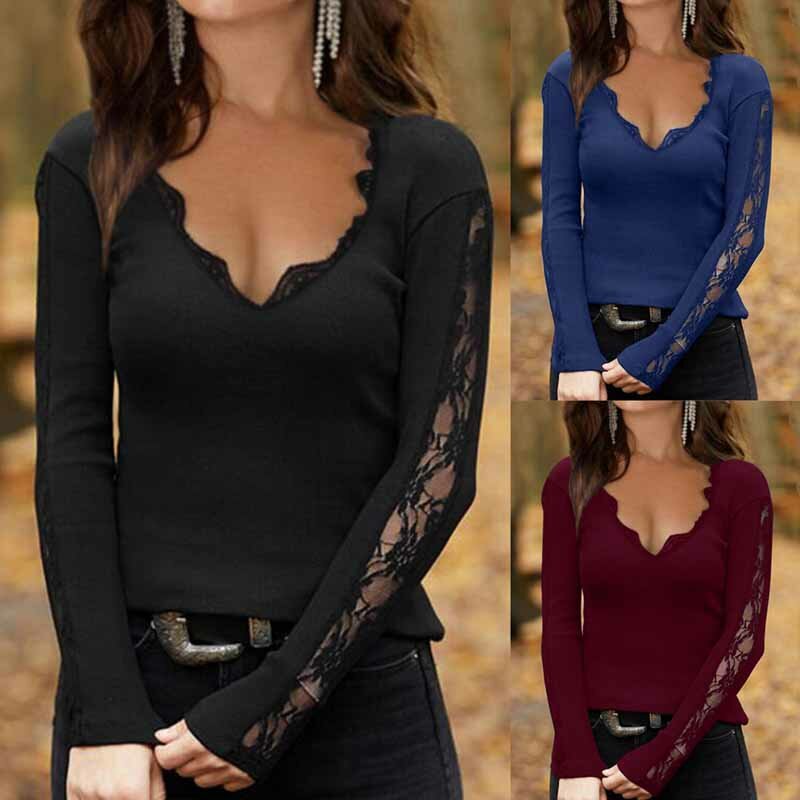 Autumn OL Style Long Sleeve Blouse Women Tops New V-neck Casual Solid Shirt Fashion Lace Mesh Bottoming Woman Tshirts 18179