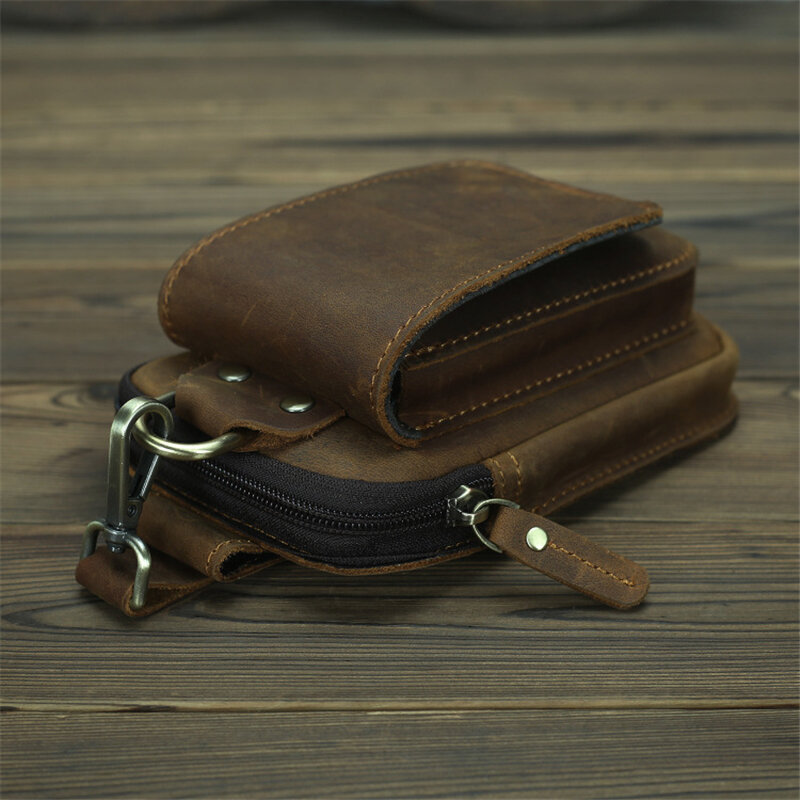 Vintage Crazy Horse Leather Fanny Waist Pack Men Genuine Leather Travel Belt Waist Bags Male Small Phone Pouch Loop Hip Bum Bag