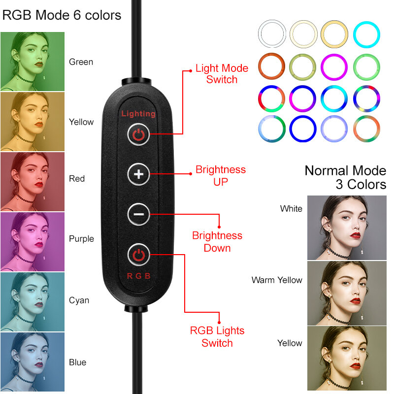 Anillo de luz Led con soporte para móvil, lámpara RGB para selfi, fotografía, trípode redondo, colorido, para transmisión en vivo en Youtube