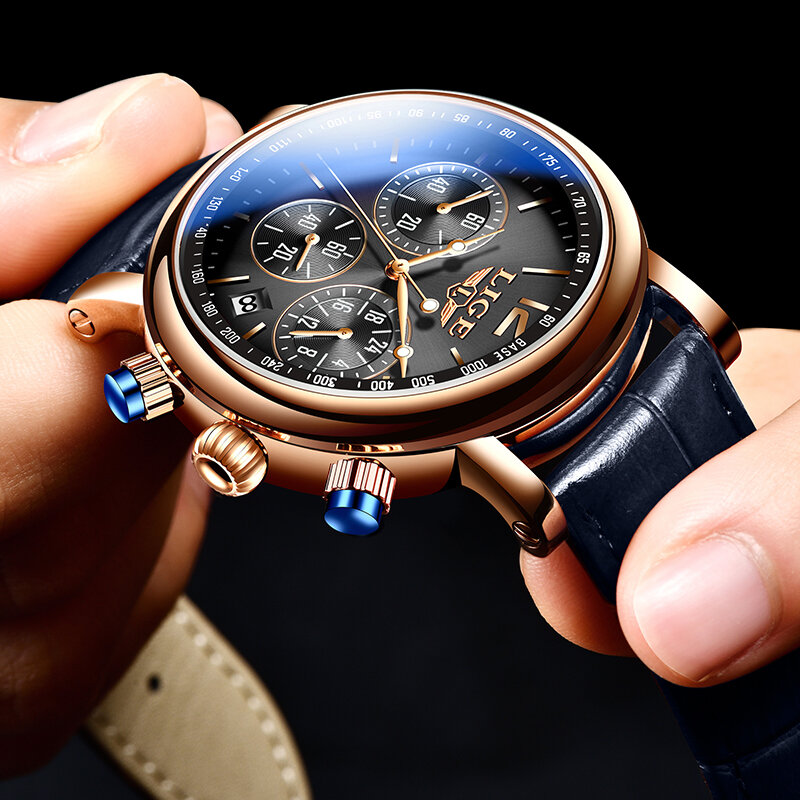Lige-novo relógio de pulso masculino luxuoso de quartzo, com pulseira de couro, à prova d'água até 30m, fashion para homens