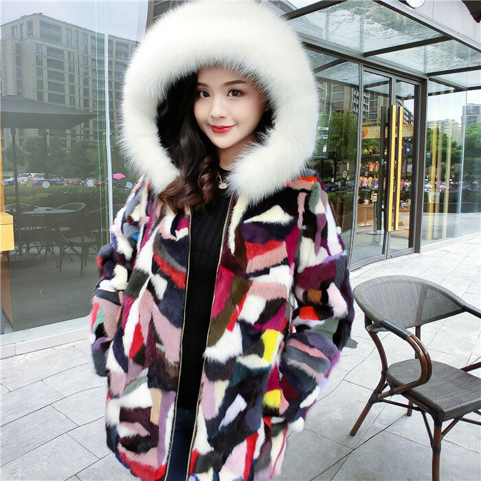Manteau en fourrure de vison véritable pour femme, veste en patchwork, long et chaud, col en fourrure de renard, à la mode, livraison gratuite, hiver