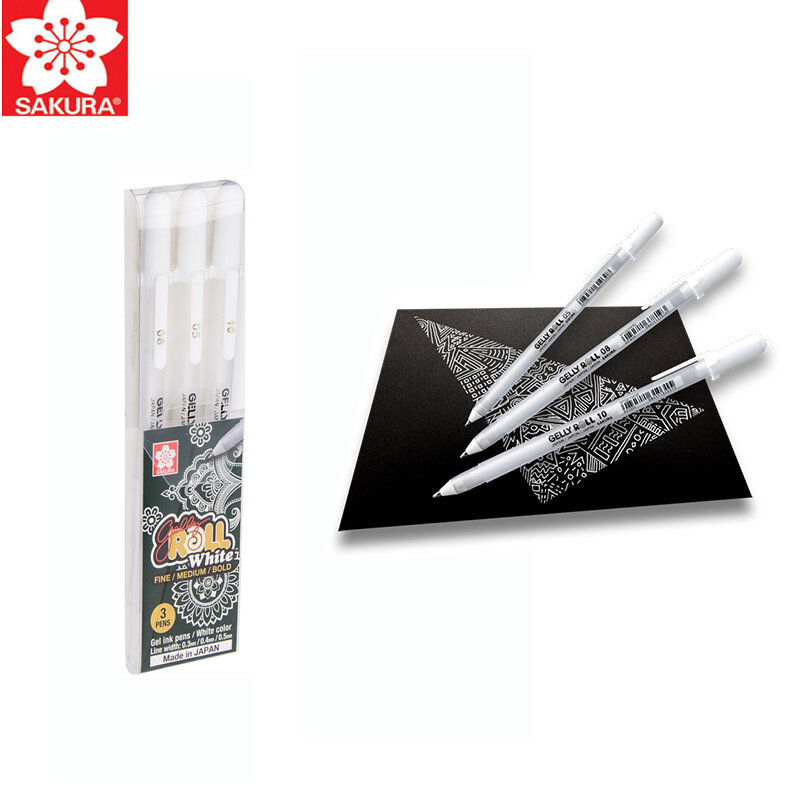 Sakura Japan-bolígrafos de tinta de Gel, marcadores de bocetos, resaltado de Color blanco brillante, Rollo Gelly clásico, 3 piezas