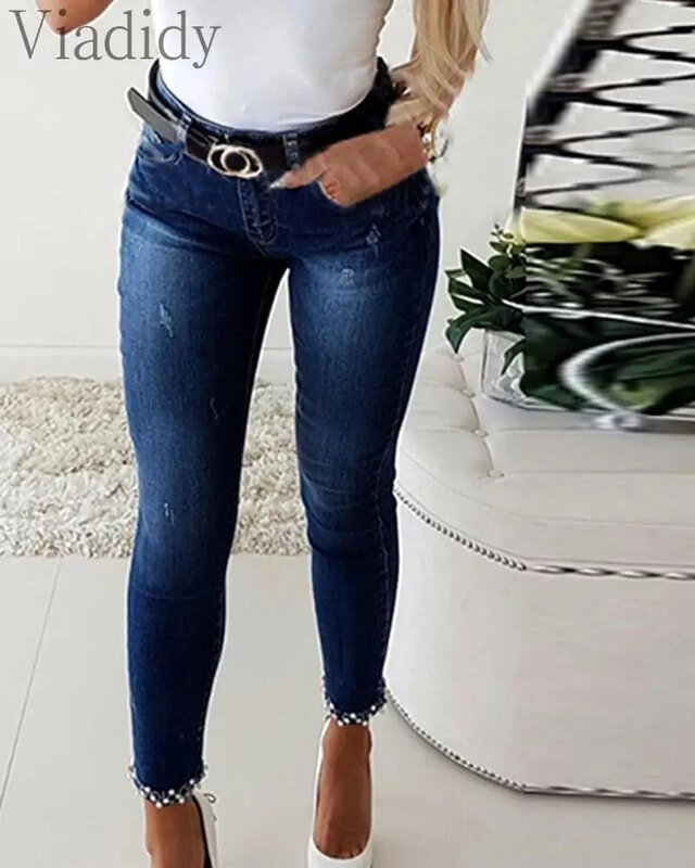 Jeans Detail Ikatan Simpul Desain Ritsleting Kualitas Tinggi Celana Panjang Ramping Push Up Seksi Pinggang Tinggi
