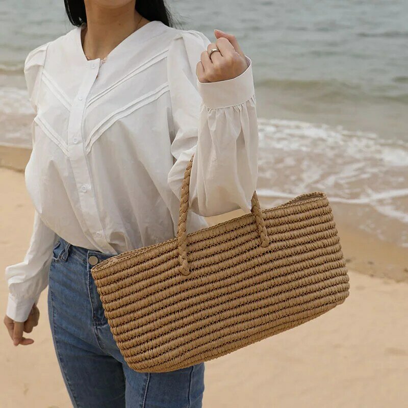 حقيبة منسوجة مصنوعة يدويًا من القش للنساء ، سلة خضروات محمولة ، حقيبة شاطئ نسائية ، سعة كبيرة ، شاطئ البحر ، جديدة ،
