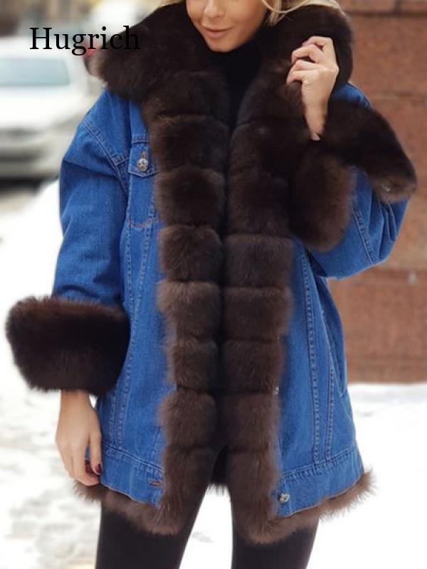Mode Musim Gugur Musim Dingin 2021 Jaket Panjang Bulu Imitasi Wanita Mantel Lengan Panjang Denim Terintegrasi Bulu Wanita
