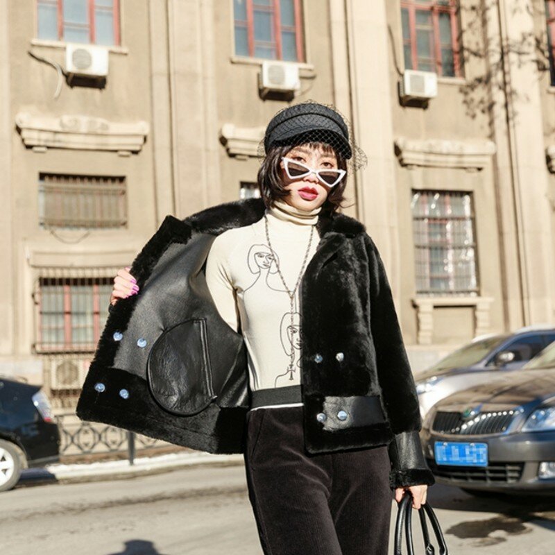 진품 가죽 코트 한국 스타일 진품 모피 시어링 재킷 여성용, 따뜻한 오토바이 의류, 긴 소매, 신상, 겨울