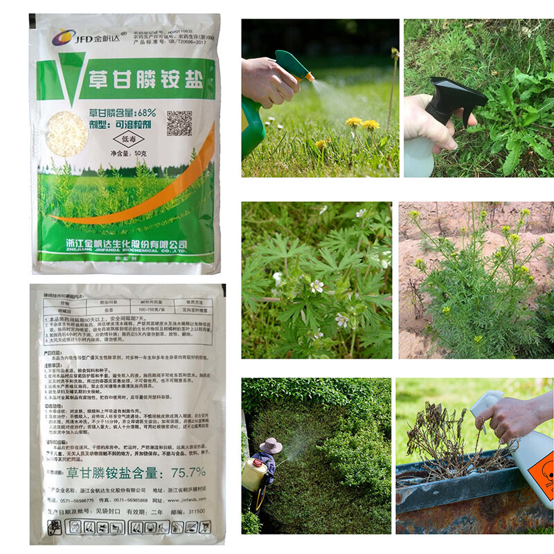 Herbicide glyphosate d'ammonium 50 g | Glyphocine, élimine les feuilles larges, tue les mauvaises herbes, Pesticide directionnel, Spray de plantes et de feuilles