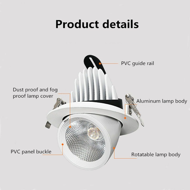 Czarny/biały wodoodporny wpuszczany COB LED typu Downlight 5W 7W 10W 12W 15W 20W 30W 36W światło punktowe sufit łazienkowy lampa AC 220V
